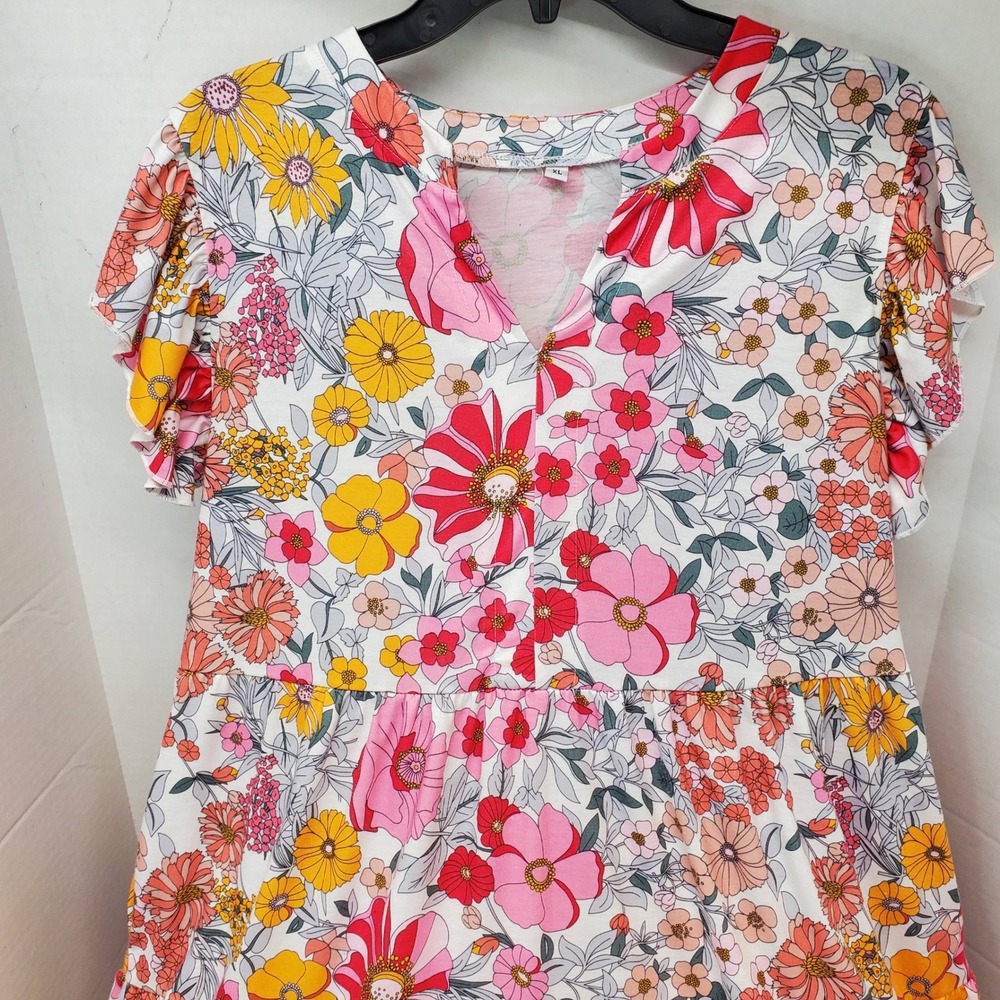 Floral Tiered Maxi Dress XL Pink Yellow Orange V-Neck Flutter Sleeve Pockets